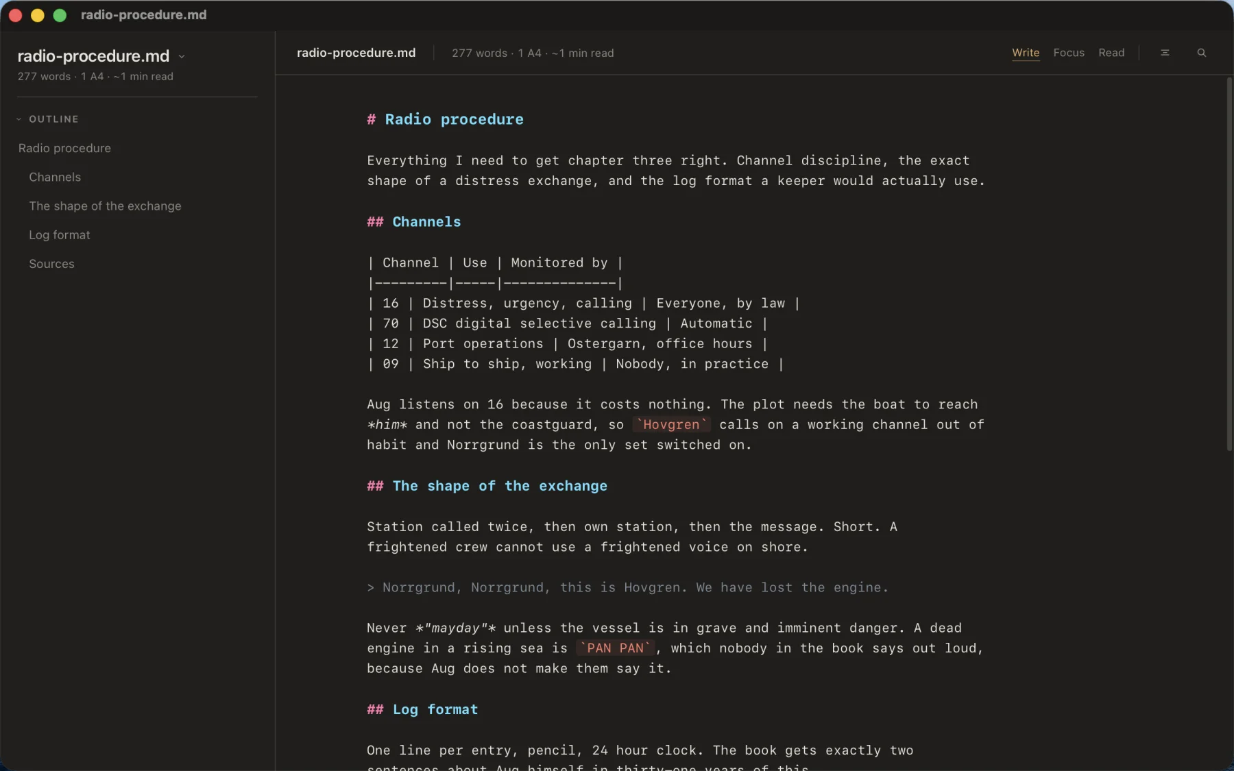 En Markdown-fil i mörkt läge med kodstil